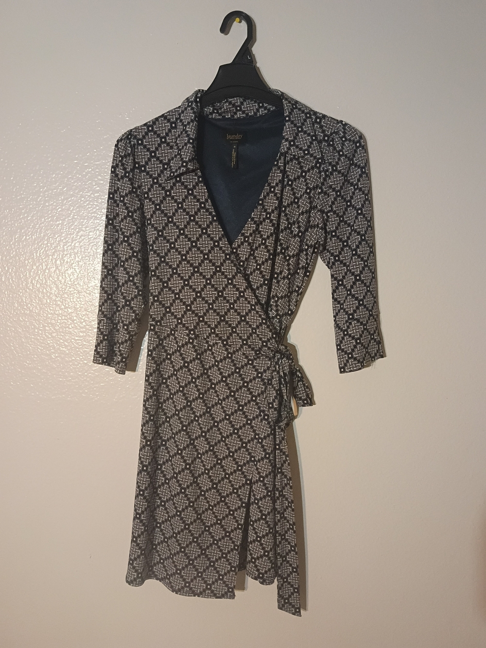 Laundry By Shelli Segal Black and White Geometric Wrap Midi Dress with Tie Waist